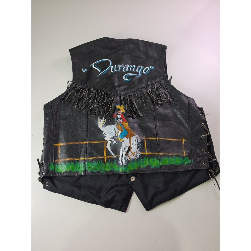 Vintage Hand Painted Leather Vest Western Rodeo Cowboy Fringe Durango Mexico